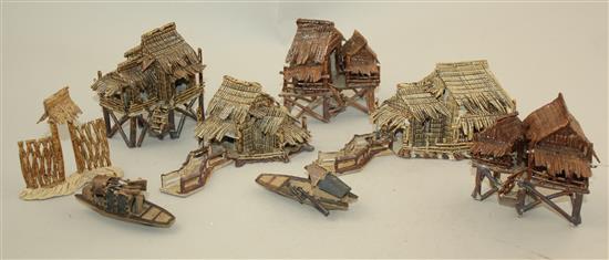 Ten Japanese stoneware models of houses, boats and bridges, early 20th century, tallest 9cm